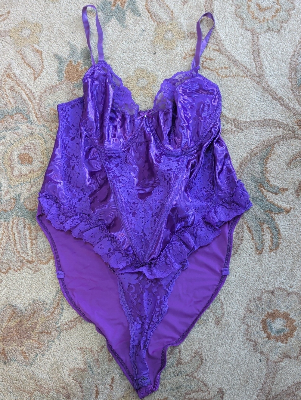 Intimate Attitudes Vintage Teddy Lingerie Purple Lace Satin Bodysuit